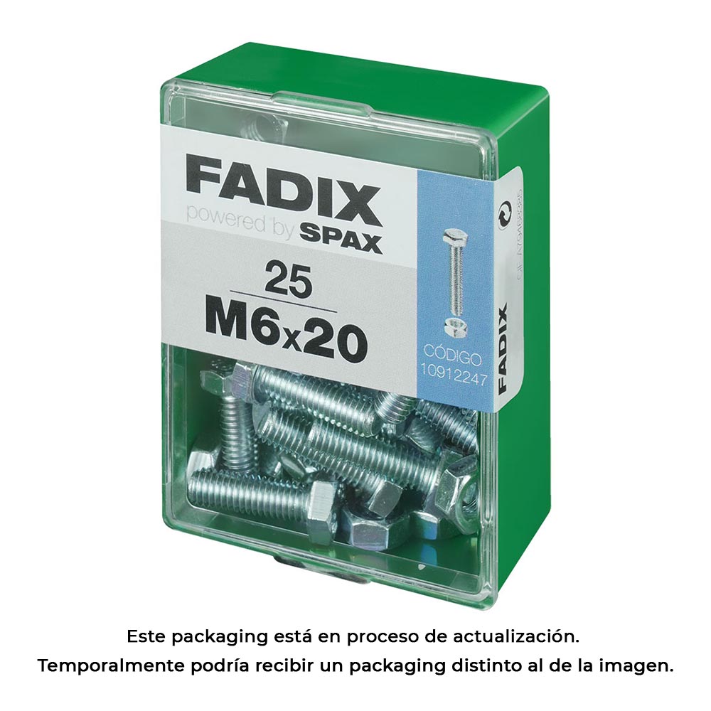 CAJA M 25 unid. TORNILLO METRICA CAB HEX+TUERCA CINC M 6x20mm FADIX