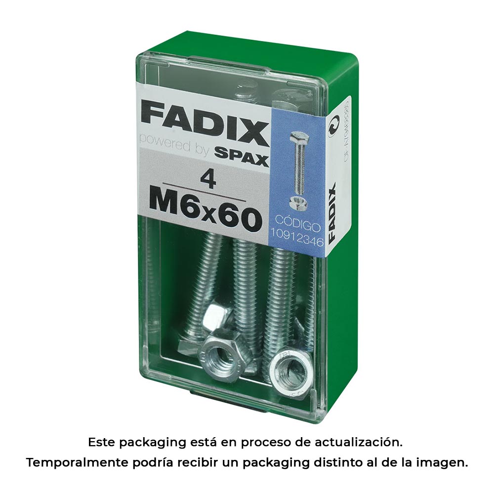 CAJA S 4 unid. TORNILLO METRICA CAB HEX+TUERCA CINC M 6x60mm FADIX