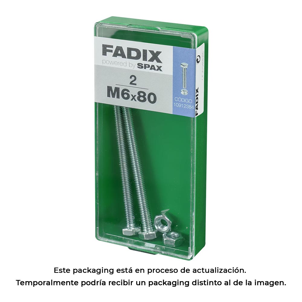 CAJA M 2 unid. TORNILLO METRICA CAB HEX+TUERCA CINC M 6x80mm FADIX