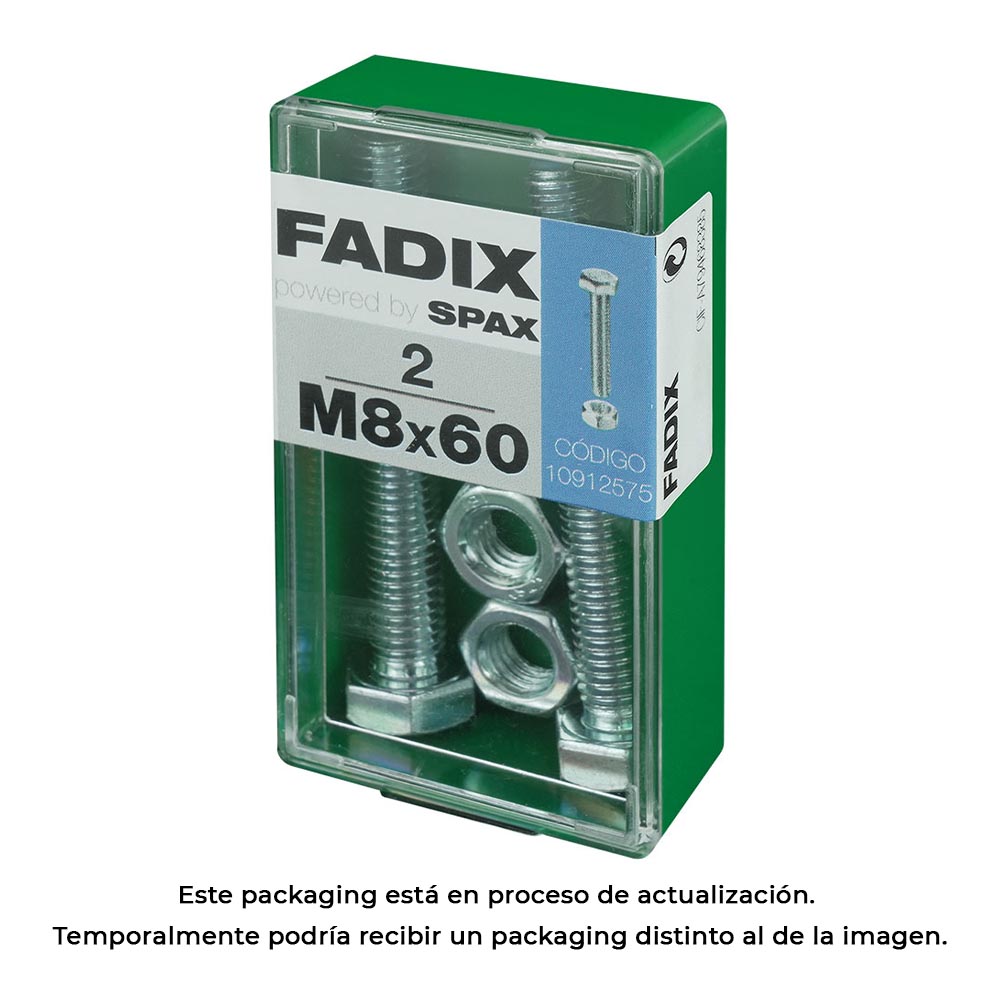 CAJA S 2 unid. TORNILLO METRICA CAB HEX+TUERCA CINC M 8x60mm FADIX