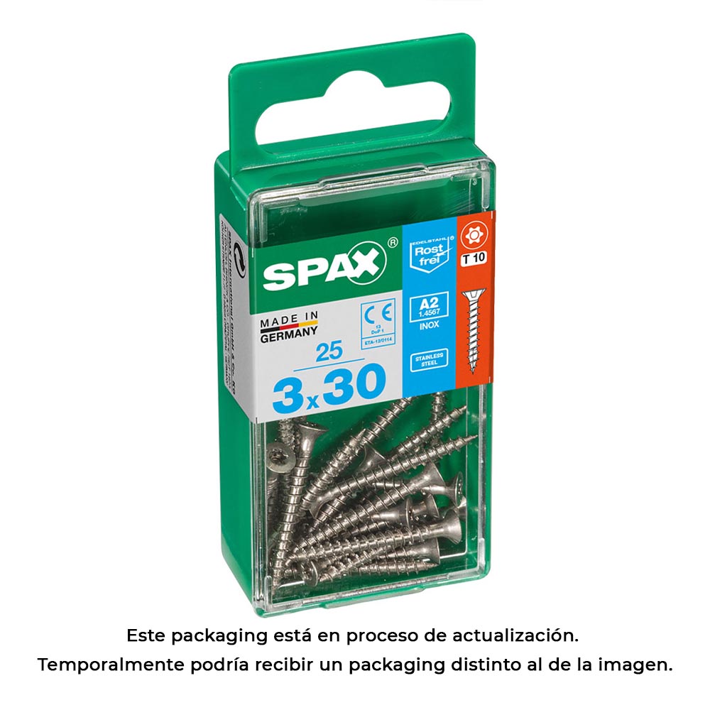 CAJA 25 unid. TORNILLO MADERA SPAX CABEZA PLANA INOX A2 3,0x30mm SPAX