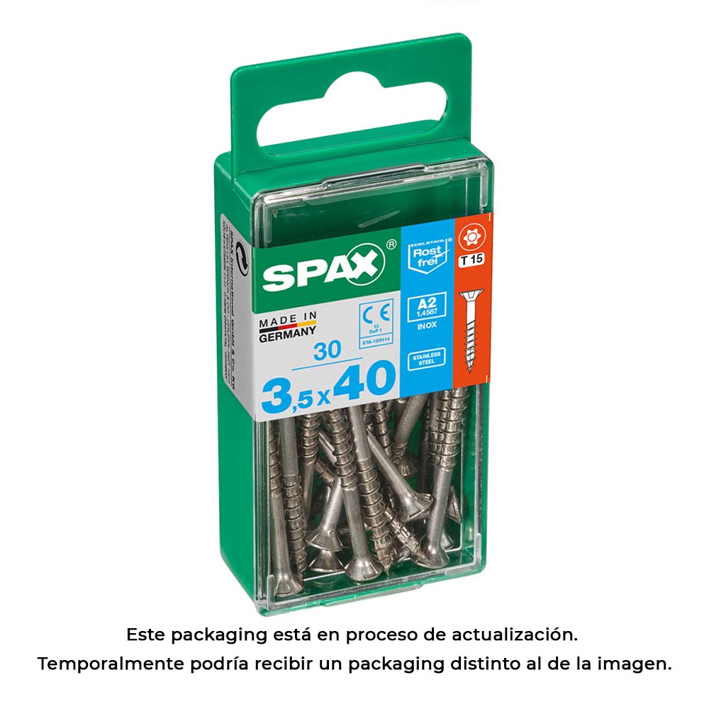 CAJA 30 unid. TORNILLO MADERA SPAX CABEZA PLANA INOX A2 3,5x40mm SPAX