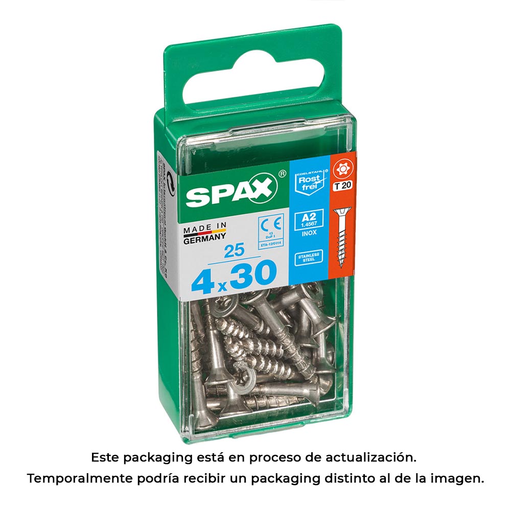 CAJA 25 unid. TORNILLO MADERA SPAX CABEZA PLANA INOX A2 4,0x30mm SPAX