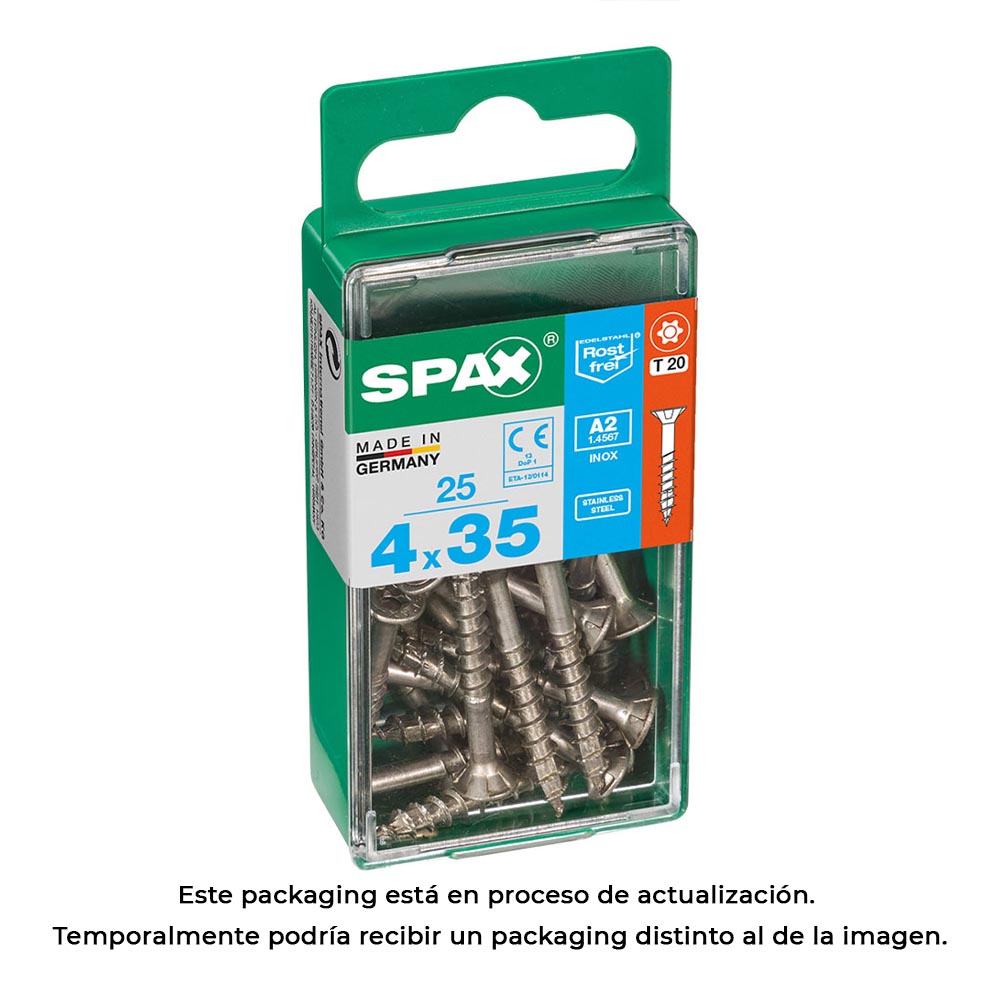 CAJA 25 unid. TORNILLO MADERA SPAX CABEZA PLANA INOX A2 4,0x35mm SPAX