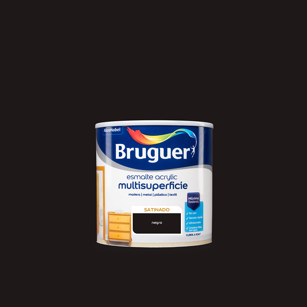 ESMALTE ACRYLICO MULTISUPERFICIE SATINADO NEGRO 0,250L 5160679 BRUGUER