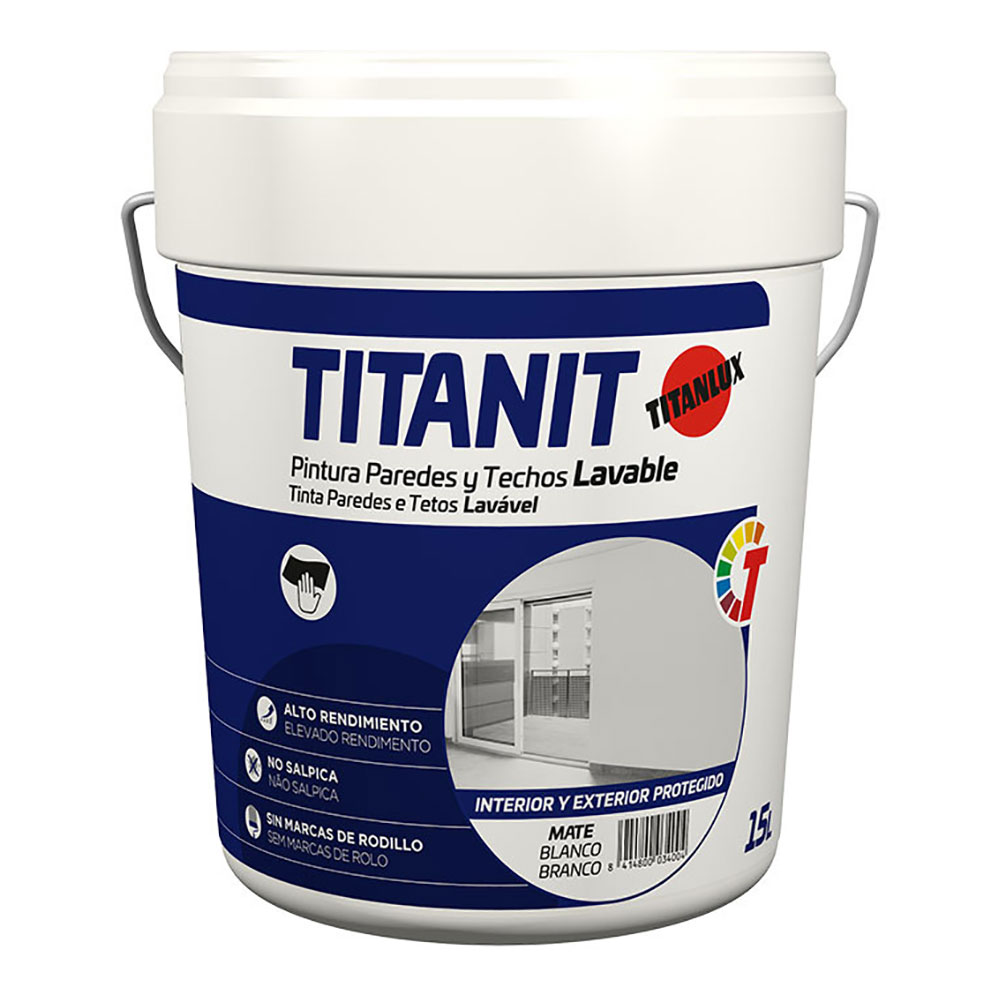 PINTURA PARA PAREDES Y TECHOS LAVABLE TITANIT MATE BLANCO INTERIOR Y EXTERIORES PROTEGIDOS 15L TITANLUX 029190015