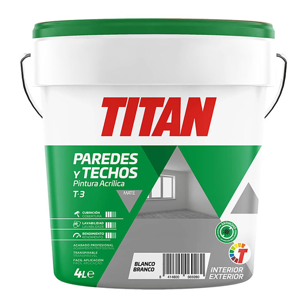 PINTURA ACRÍLICA PARA DECORACIÓN DE PAREDES Y TECHOS T-3 BLANCO.MATE 4L TITAN 123000304