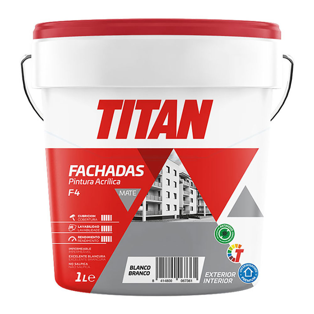 PINTURA ACRÍLICA FACHADAS MATE F-4 BLANCO 1L TITAN 125670001