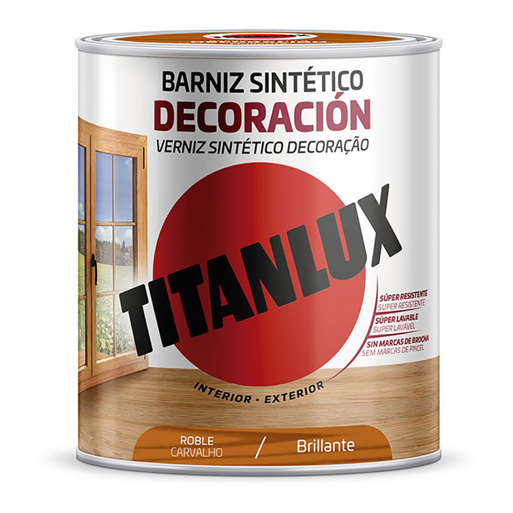 BARNIZ SINTÉTICO DECORACIÓN BRILLANTE ROBLE 750ml TITANLUX M10100234