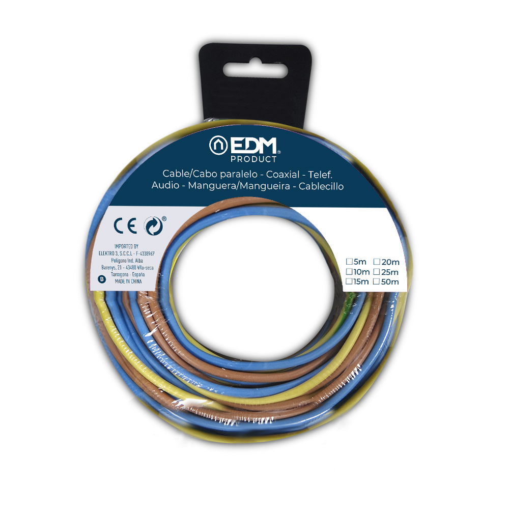 CARRETE CABLECILLO FLEXIBLE 1,5mm 3 CABLES (AZ-M-T) 20m POR COLOR TOTAL 60m