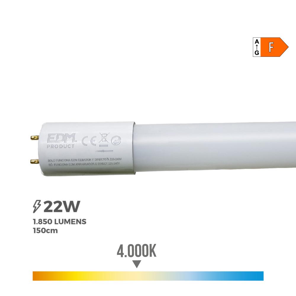 TUBO LED T8 22W 2400lm 4000K LUZ DIA (EQ.58W) Ø2,6x150cm EDM