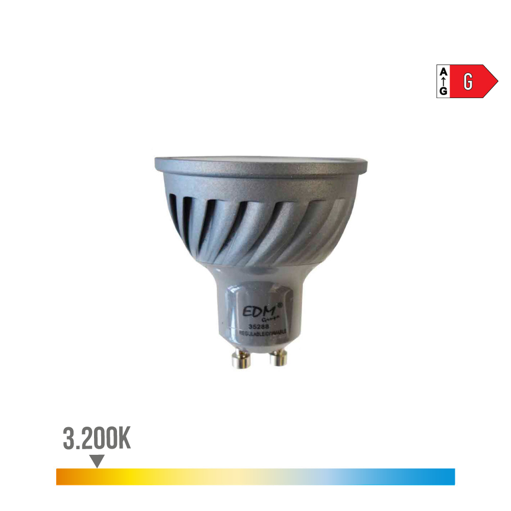 BOMBILLA DICROICA LED REGULABLE GU10 6W 500lm 3200K LUZ CALIDA Ø5x5,5cm EDM