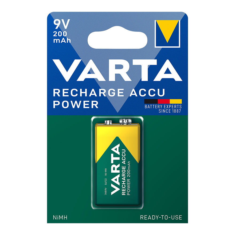 PILA VARTA RECARGABLE ACCU POWER 9V - 6LR61 200mA (BLISTER 1 unid.) 26,5x17,5x48,5mm