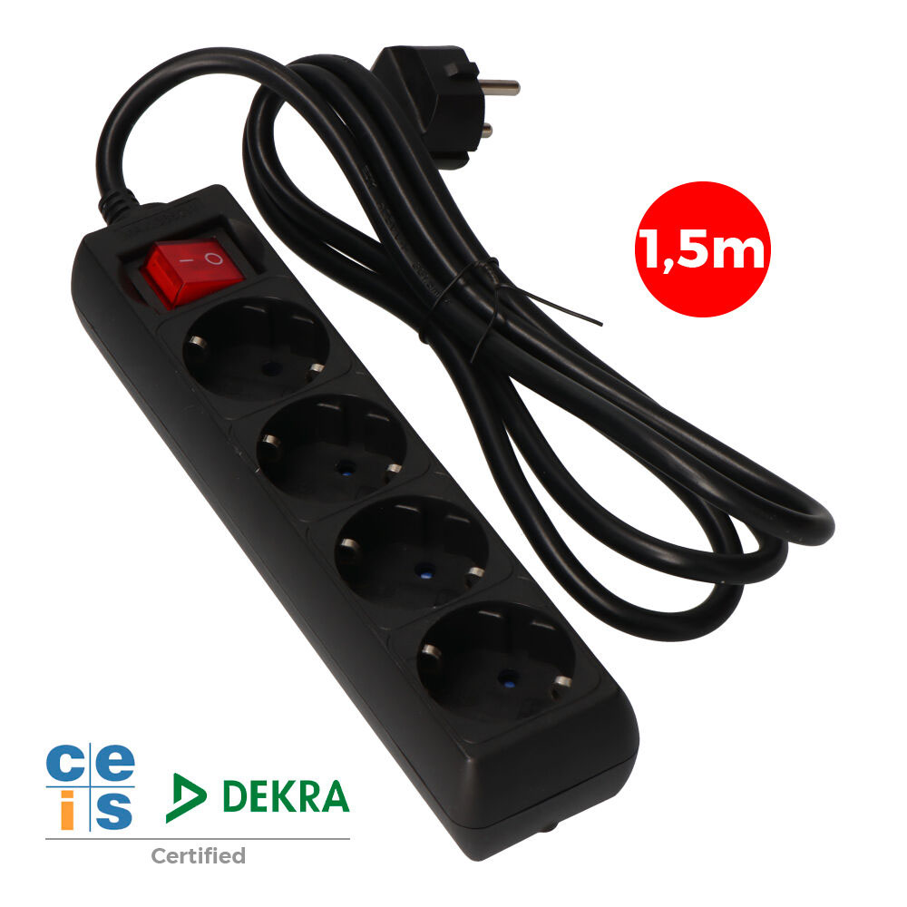 BASE MULTIPLE 4 TOMAS T/TL 10/16A SCHUKO + INTERRUPTOR 1,5m 3x1,5mm COLOR NEGRO EDM