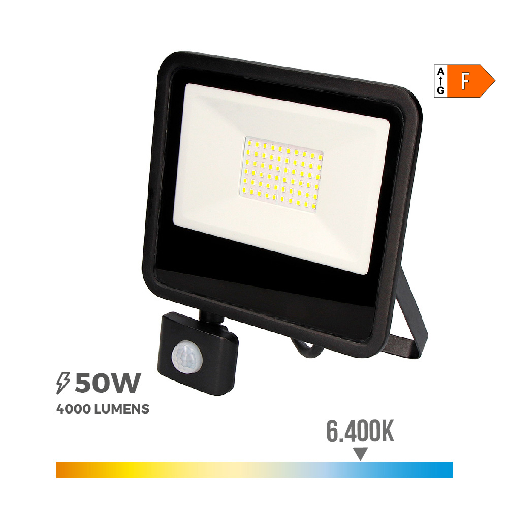 FOCO PROYECTOR LED 50W 4000lm 6400K LUZ FRIA CON SENSOR DE PRESENCIA 23,8x4,5x19,2cm EDM