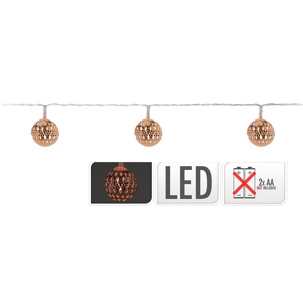 GUIRNALDA A PILAS FIJA 10 LEDS CON BOLAS COLOR COBRE LUZ BLANCO CALIDO 1,3m