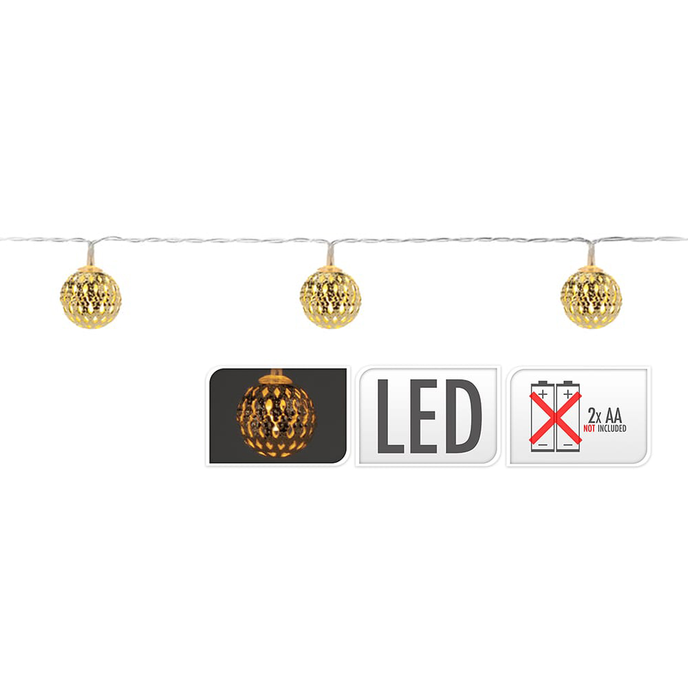 GUIRNALDA A PILAS FIJA 10 LEDS CON BOLAS COLOR ORO LUZ BLANCO CALIDO 1,3m