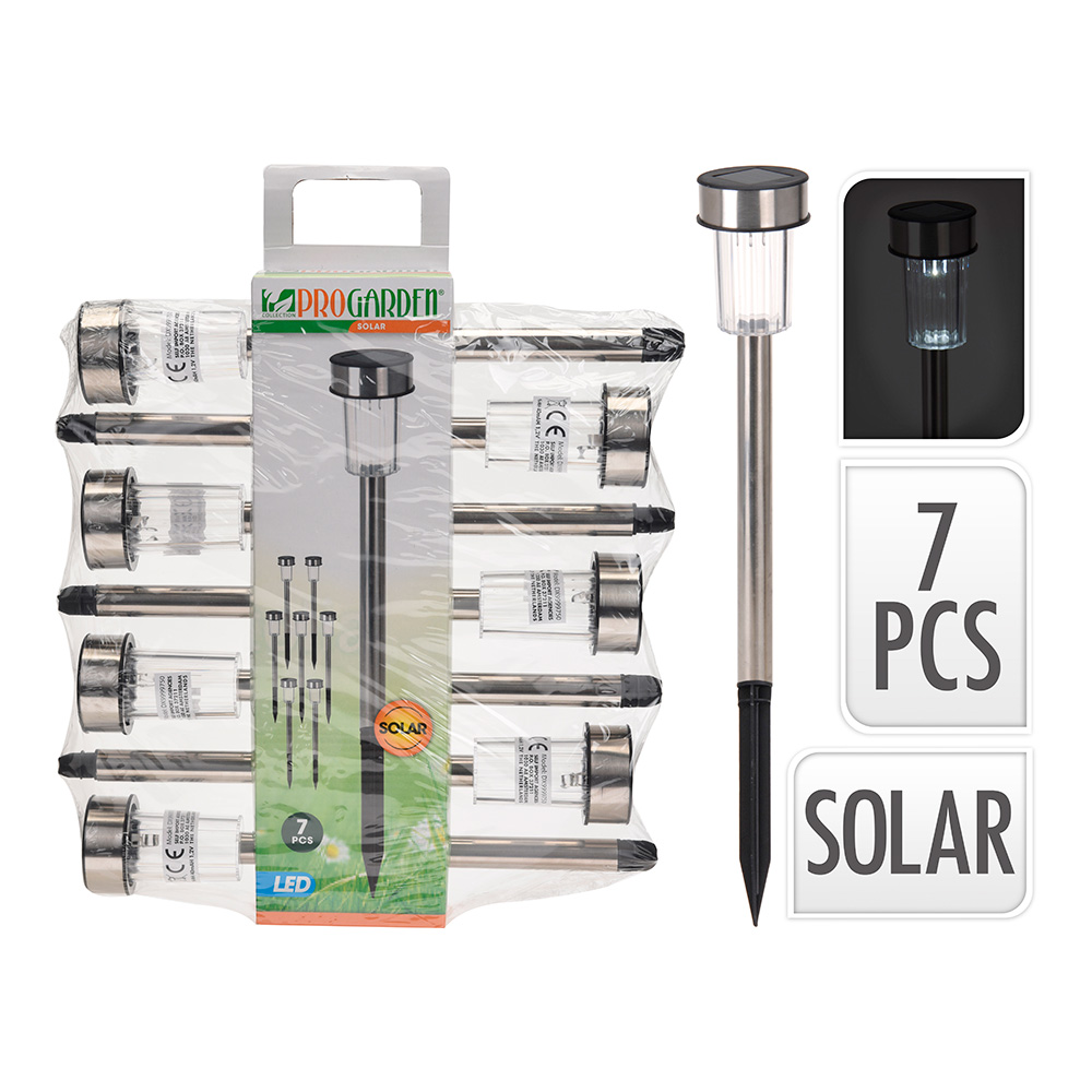 PACK 7 ESTACAS SOLAR DE JARDIN. ACERO INOXIDABLE. 1 LED IP44 Ø5x36cm PROGARDEN