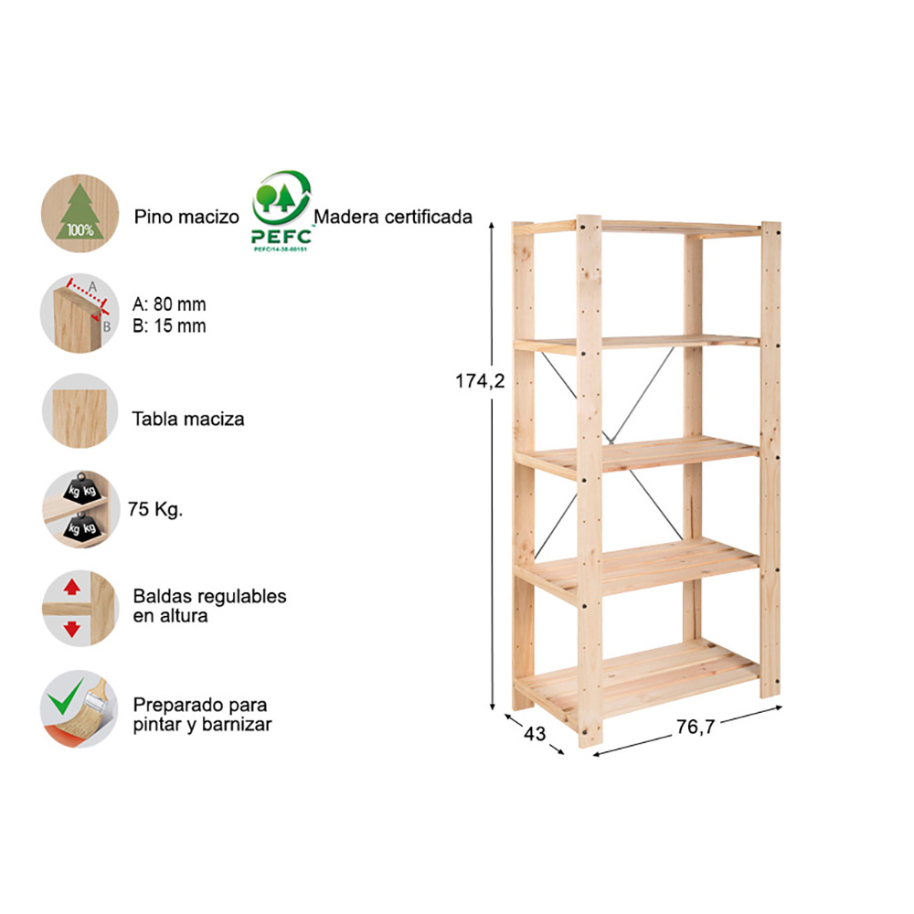 ESTANTERIA ALISTONADA EVOLUTION 5, 76,5x38,5x174,5cm PINO MACIZO ASTIGARRAGA