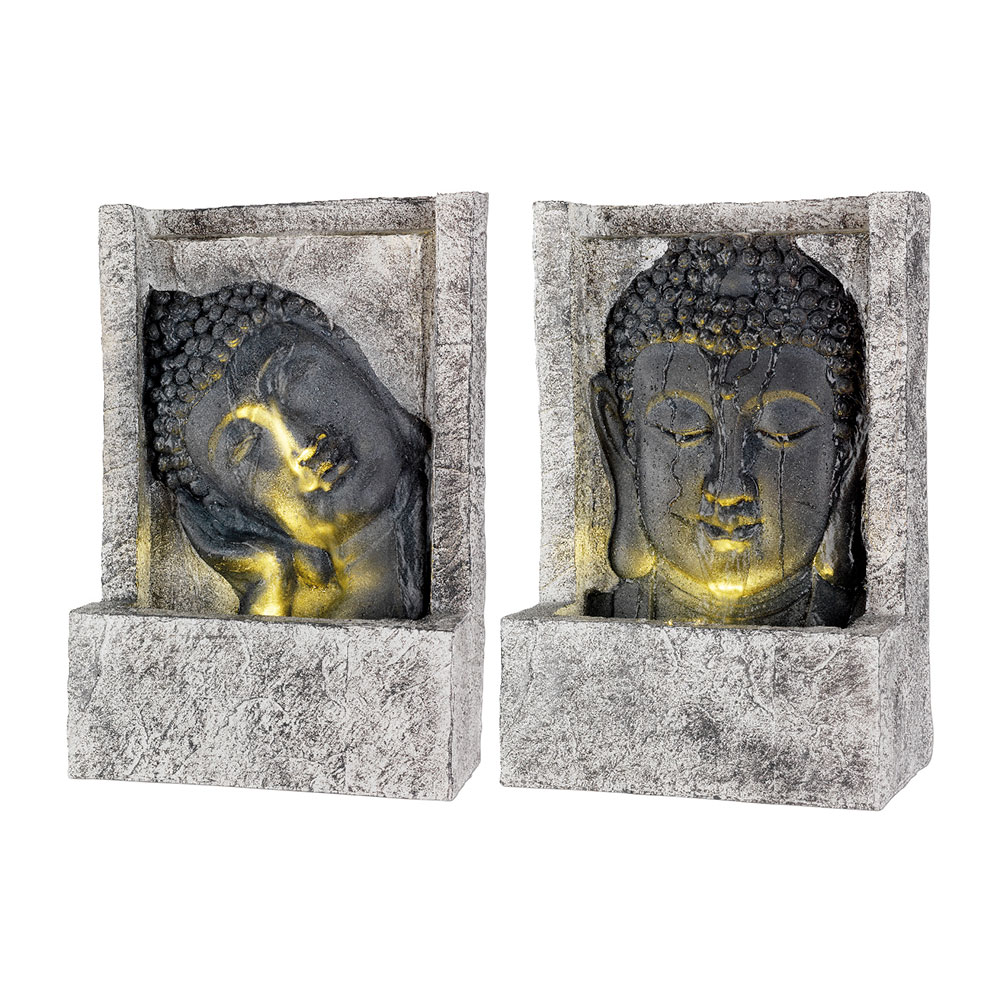 FUENTE CARA BUDDA PARA EXTERIOR, 13,5x28x40cm, 4 LEDS, MODELOS SURTIDOS