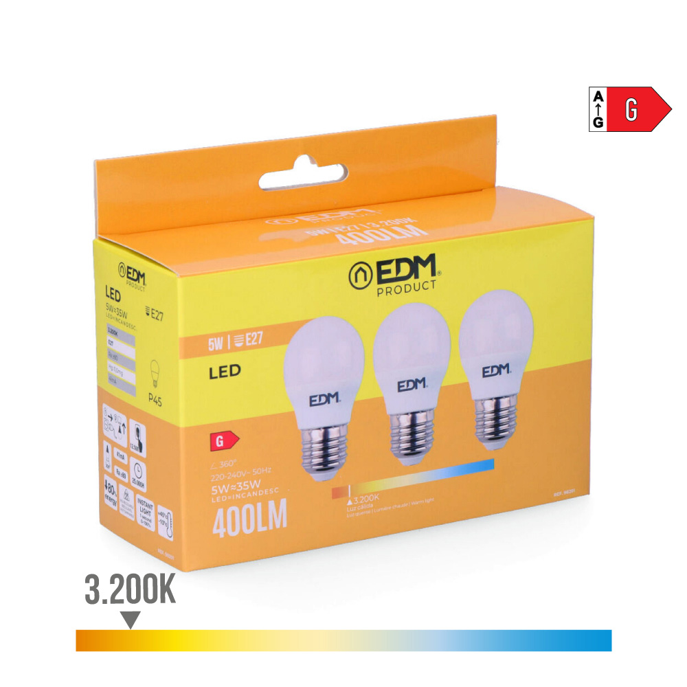 KIT 3 BOMBILLAS ESFERICAS LED E27 5W 400lm 3200K LUZ CALIDA Ø4,5x8cm EDM