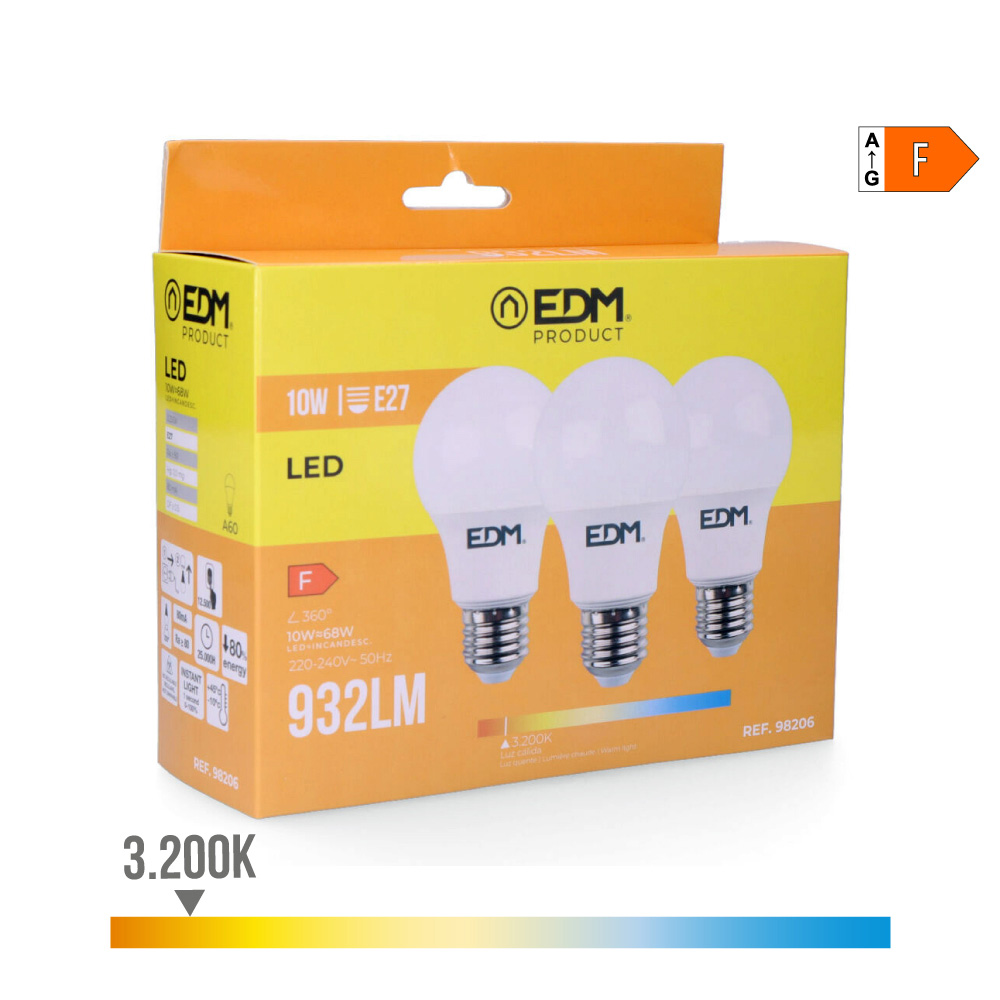 KIT 3 BOMBILLAS STANDARD LED E27 10W 932lm 3200K LUZ CALIDA Ø6x10,8cm EDM