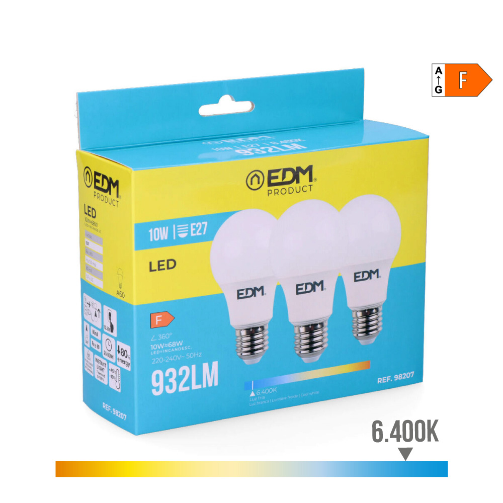 KIT 3 BOMBILLAS STANDARD LED E27 10W 932lm 6400K LUZ FRIA Ø6x10,8cm EDM