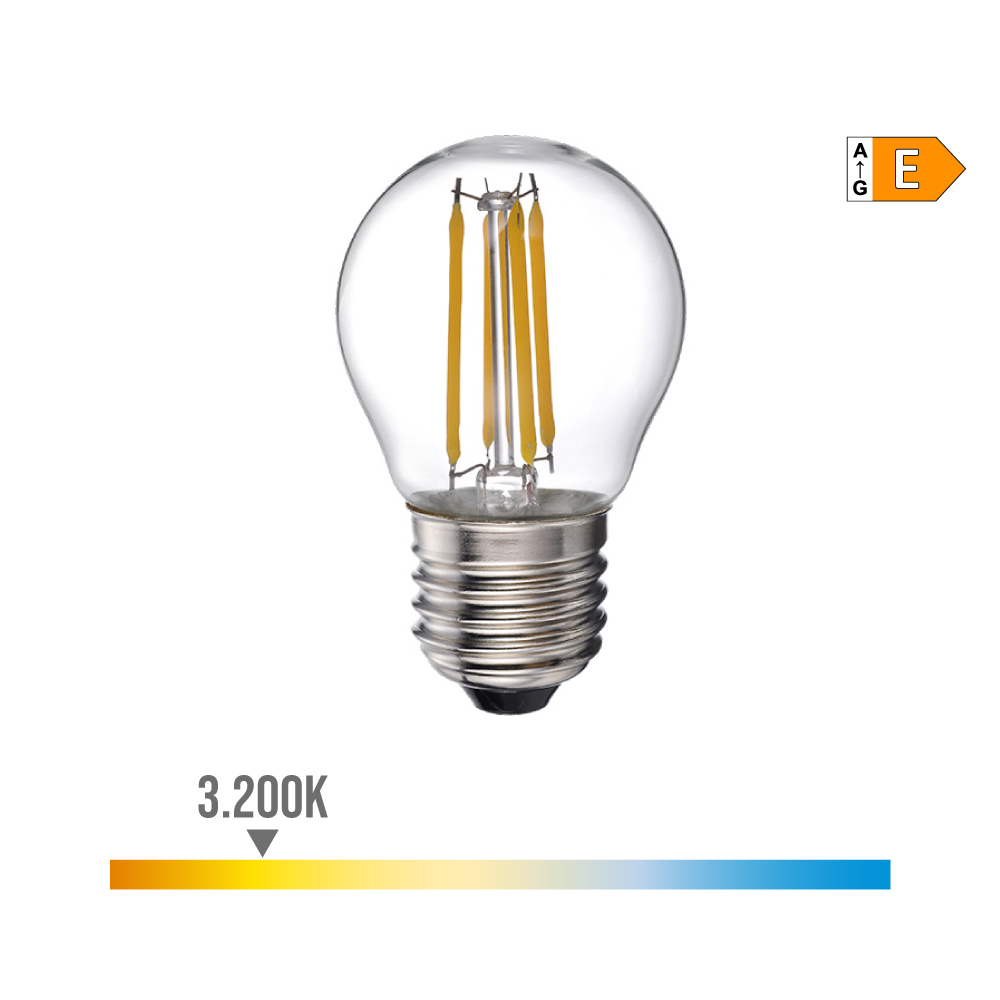 BOMBILLA ESFERICA CON FILAMENTO DE LED E27 4W 500lm 3200K LUZ CALIDA Ø4,5x7,8cm EDM