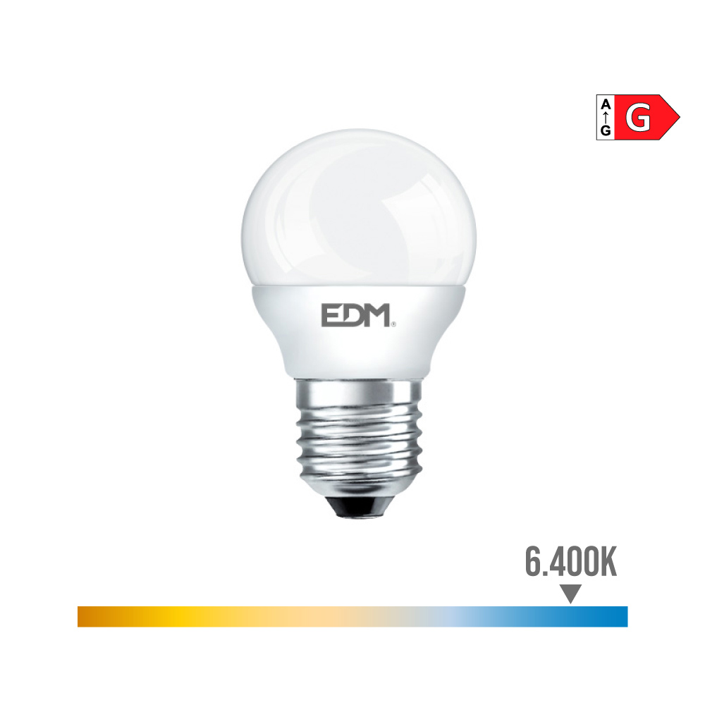 BOMBILLA ESFERICA LED E27 6W 500lm 6400K LUZ FRIA Ø4,5x8cm EDM