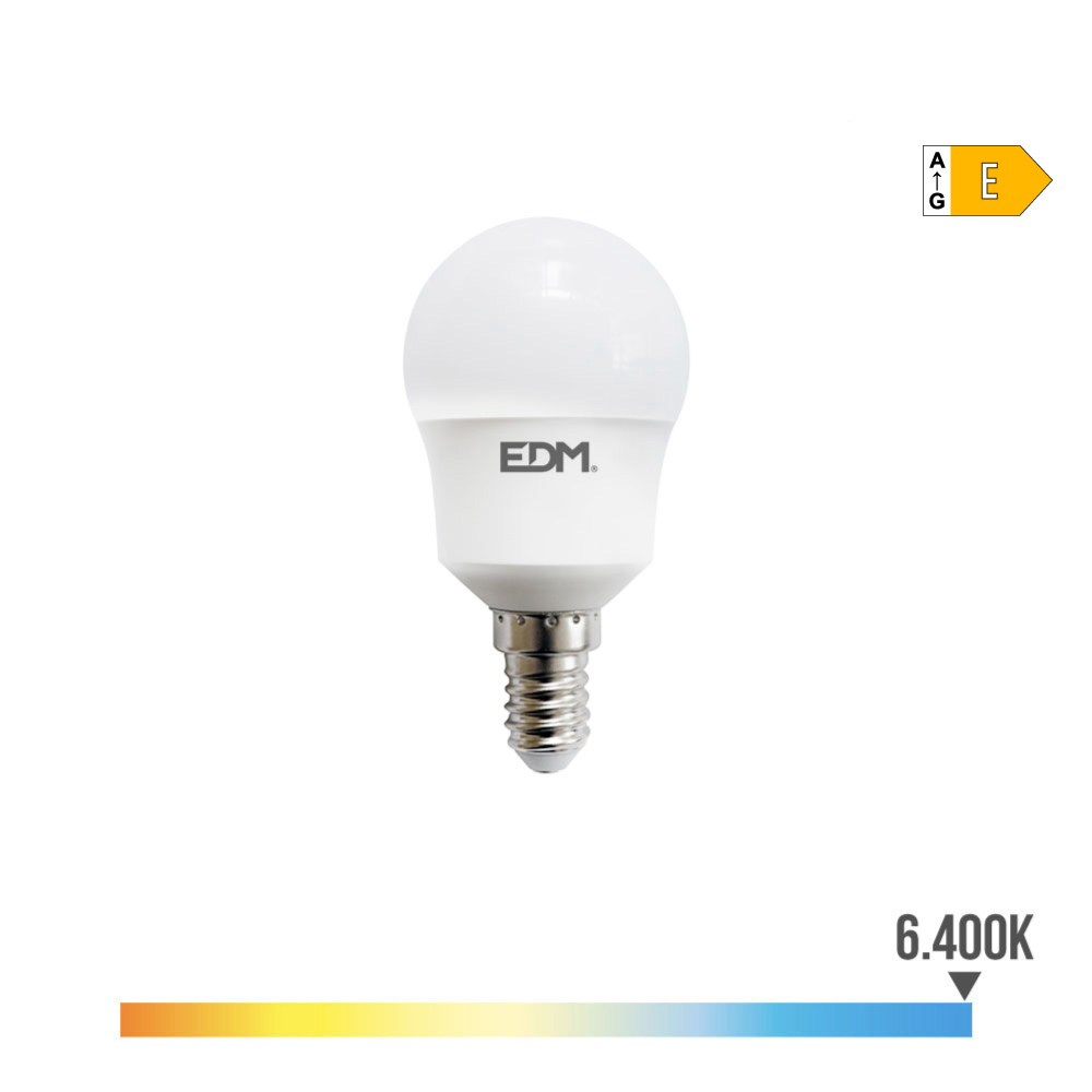 BOMBILLA ESFERICA LED E14 8,5W 1000lm 6400K LUZ FRIA Ø4,5x8,8cm EDM