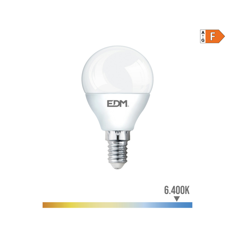 BOMBILLA ESFERICA LED E14 7W 600lm 6400K LUZ FRIA Ø4,5x8cm EDM