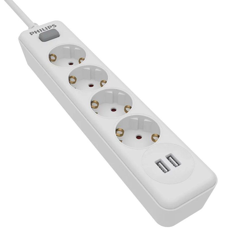 Regleta con Interruptor Philips SPN3042WA/10/ 4 Tomas de Corriente/ 2 USB/ Cable 2m/ Blanco